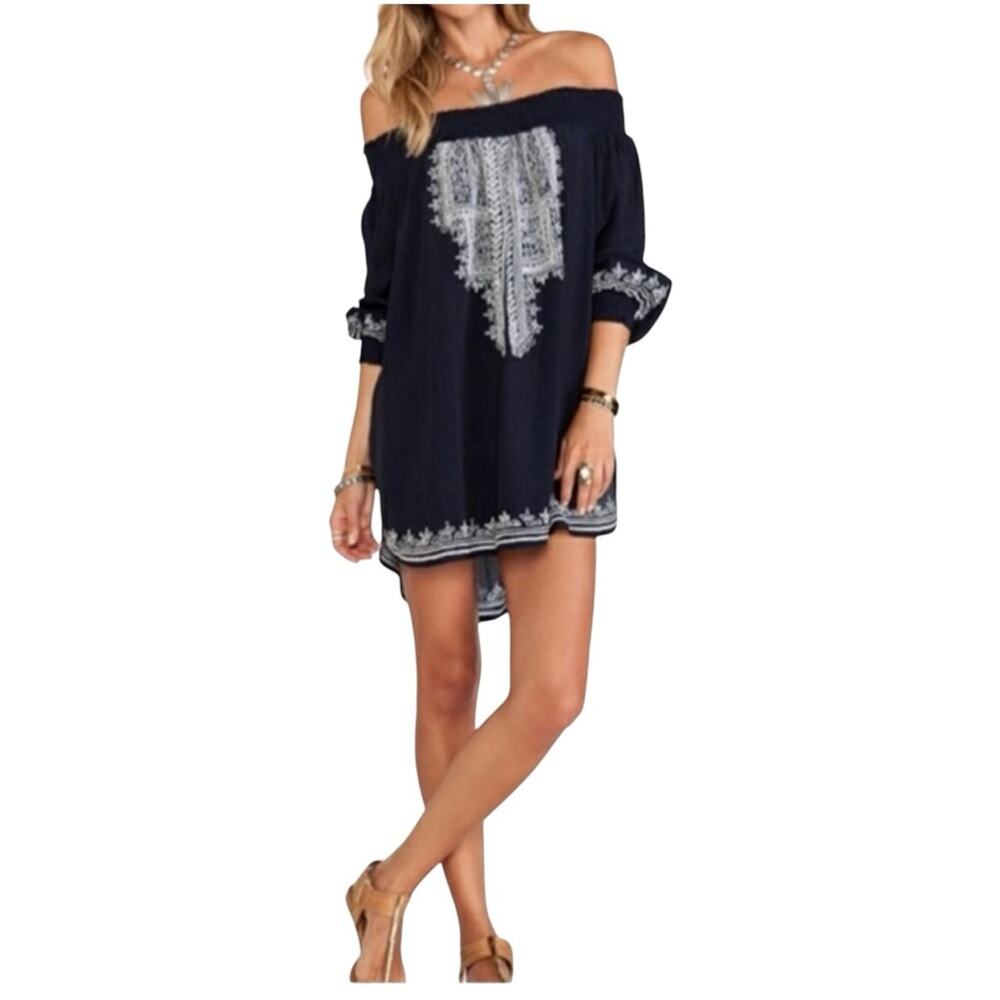 REVOLVE x TULAROSA Women's Navy Blue Off-Shoulder Embroidered Top Mini Dress